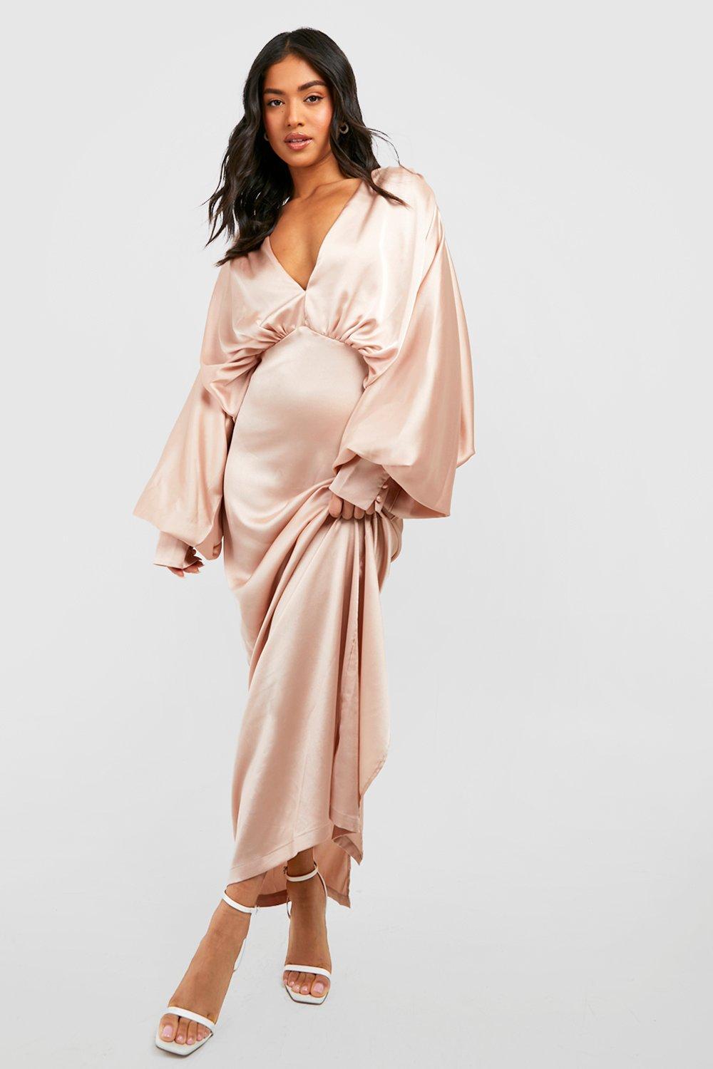 Petite Satin Plunge Blouson Sleeve Maxi Dress