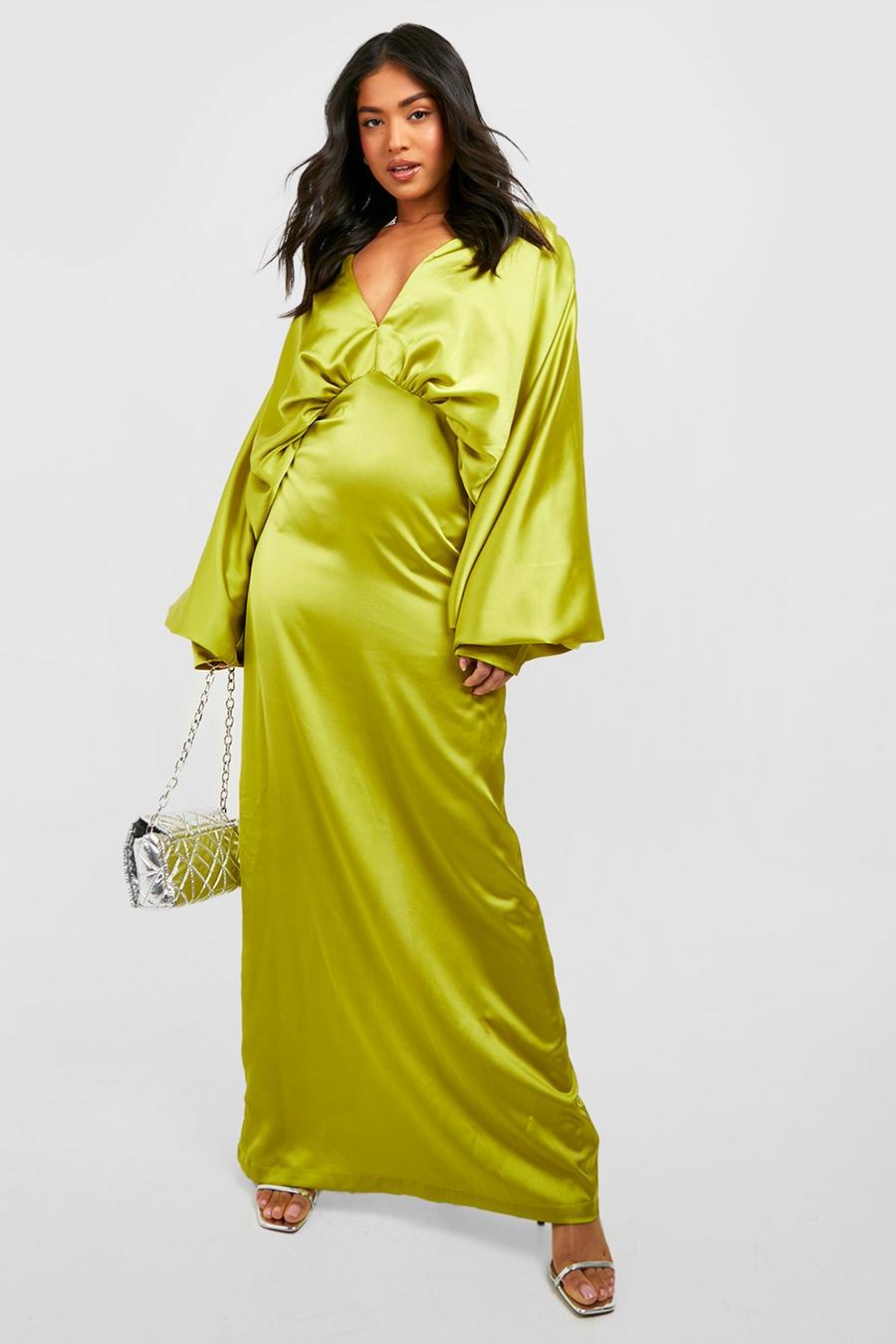 Olive Petite Satin Plunge Blouson Sleeve Maxi Dress image number 1