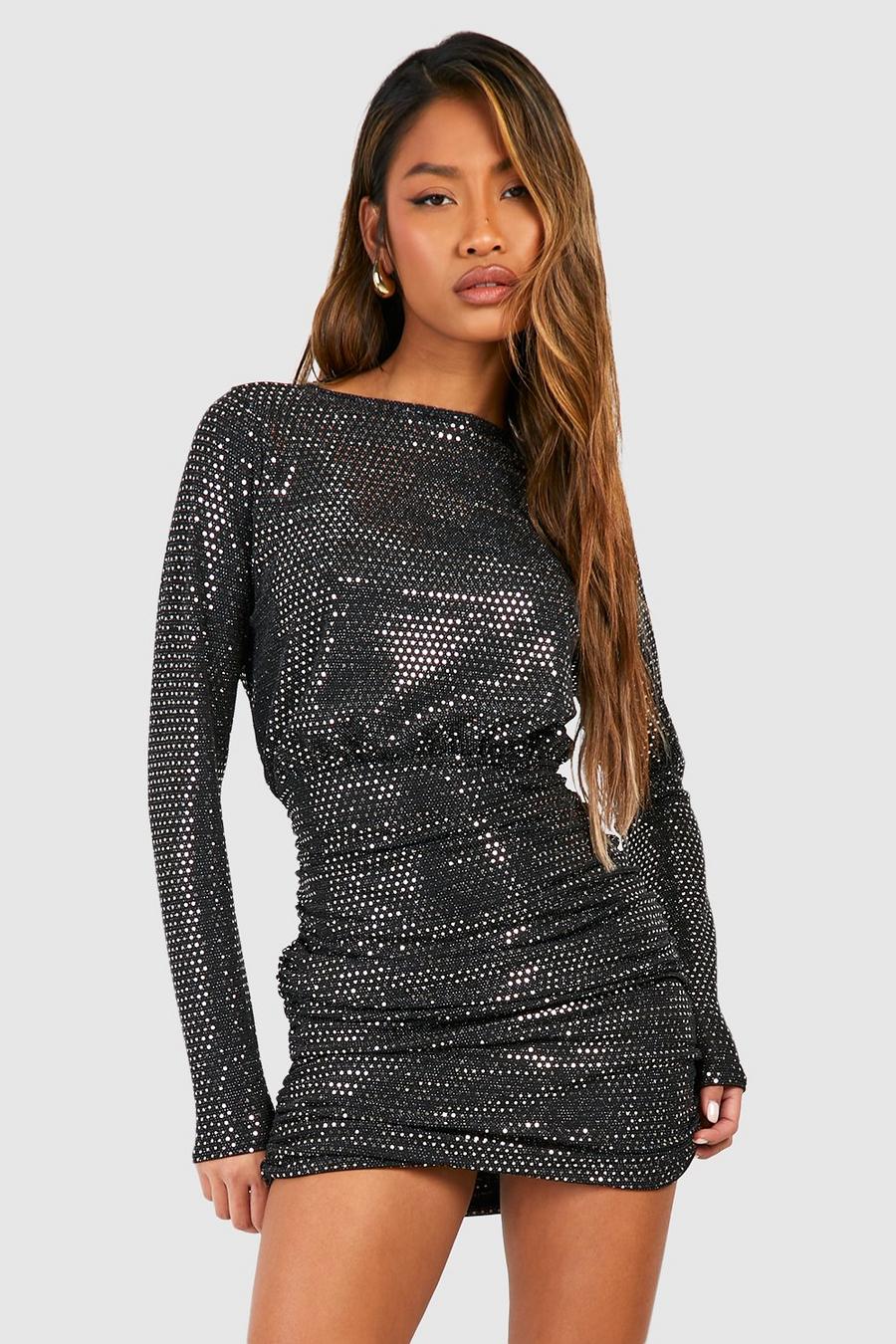 Gold Sequin High Neck Rouched Midi Dress image number 1