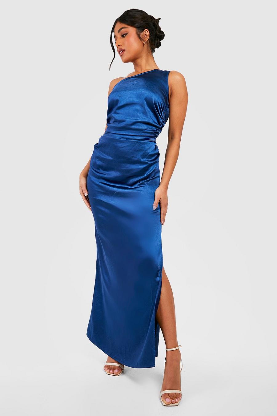 Petite Bridesmaid Satin One Shoulder Ruched Maxi Dress, Navy azul marino