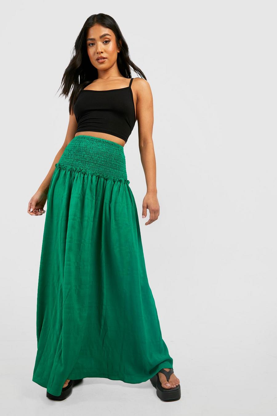 Green Petite Woven Shirred Gypsy Maxi Skirt