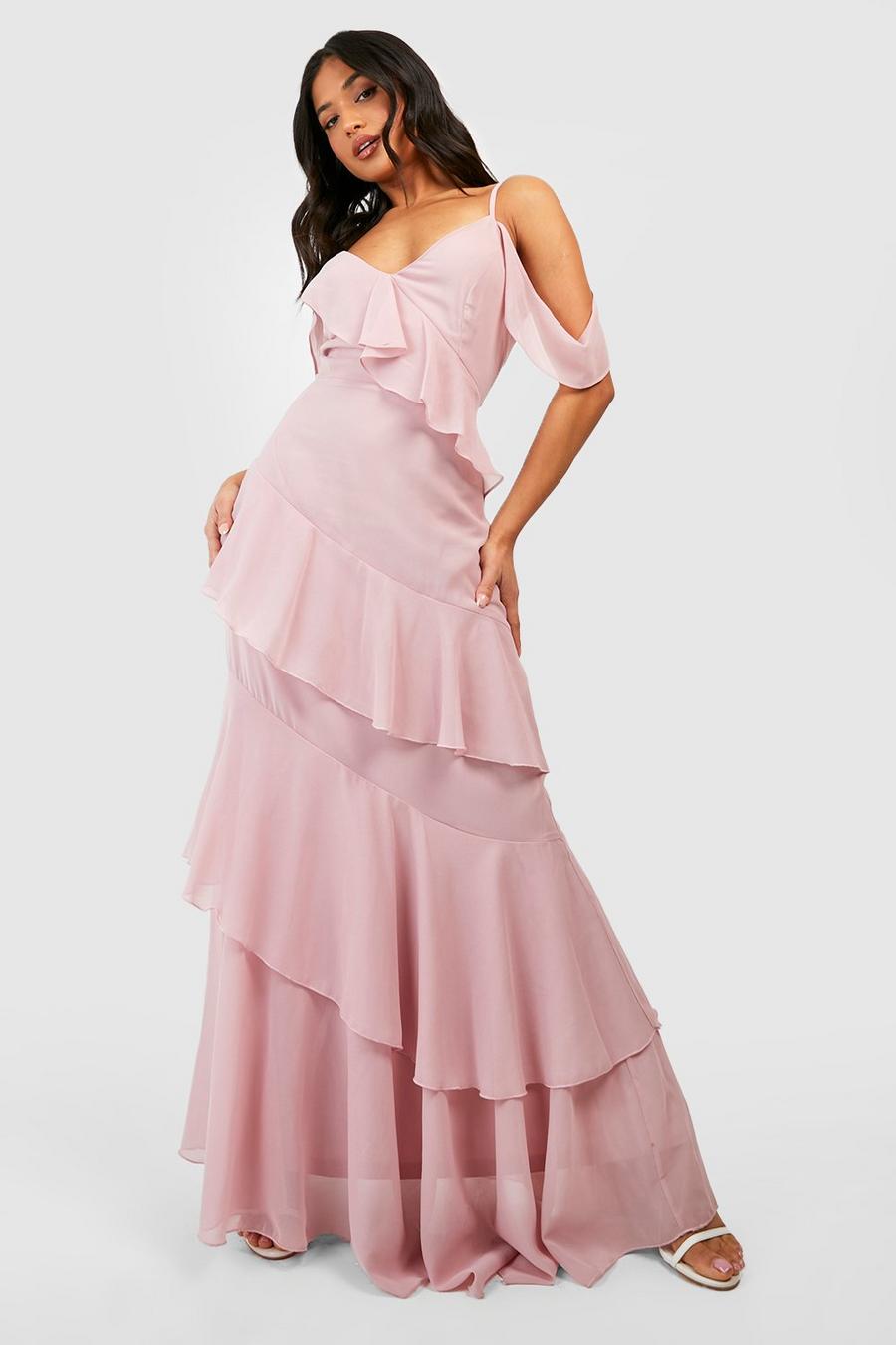 Rose pink Petite Asymmetric Chiffon Tiered Ruffle Maxi Dress image number 1