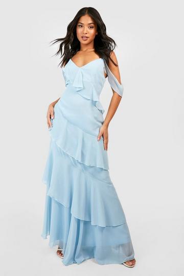 Sky Blue Petite Asymmetric Chiffon Tiered Ruffle Maxi Dress