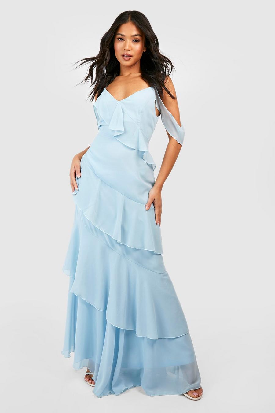 Sky blue Petite Asymmetric Chiffon Tiered Ruffle Maxi Dress image number 1