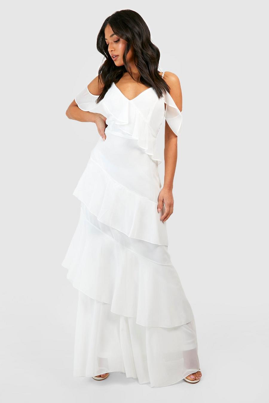 White Petite Asymmetric Chiffon Tiered Ruffle Maxi Dress image number 1