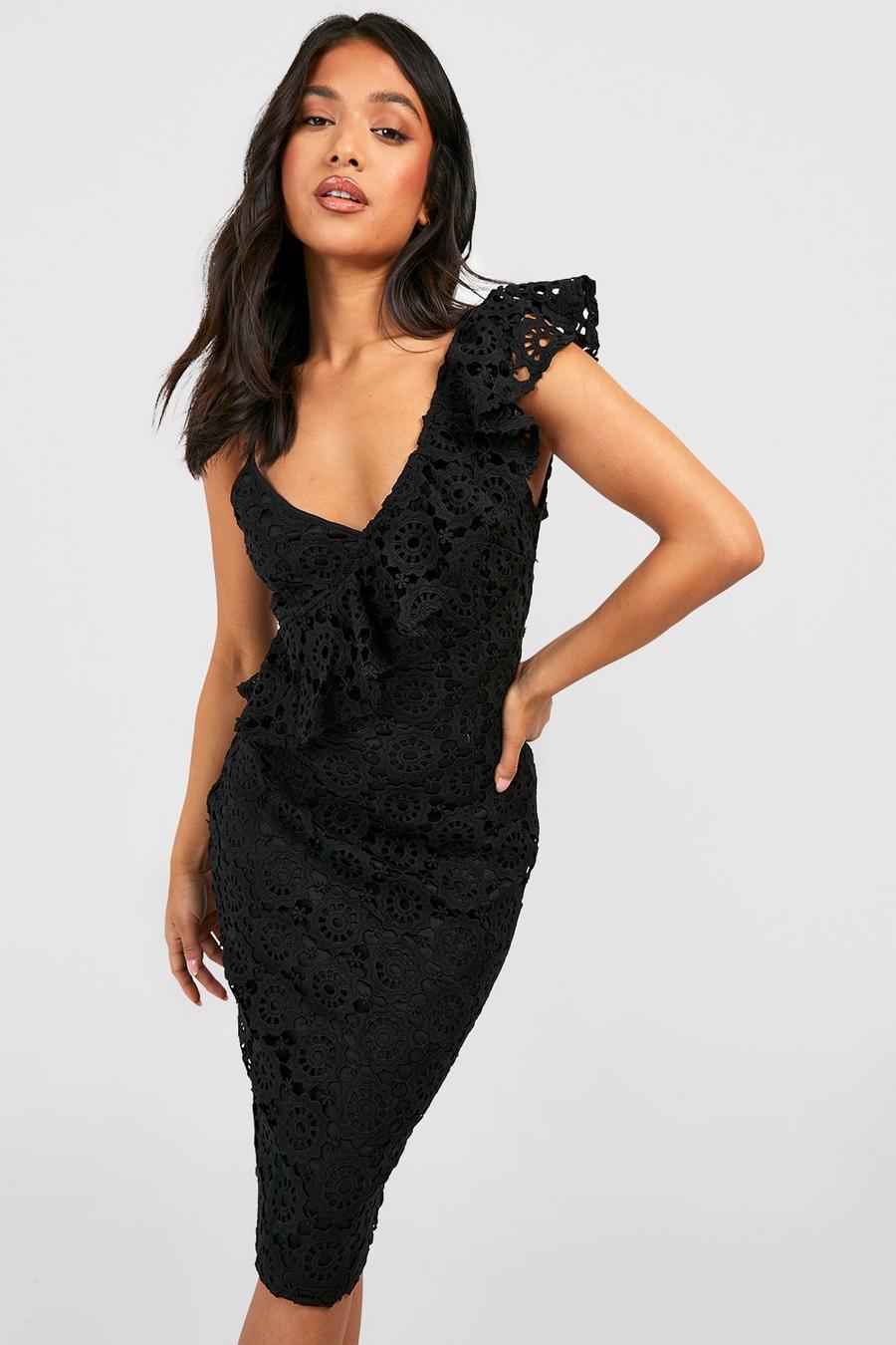 Black Petite Premium Lace Asymmetric Ruffle Midi Dress image number 1