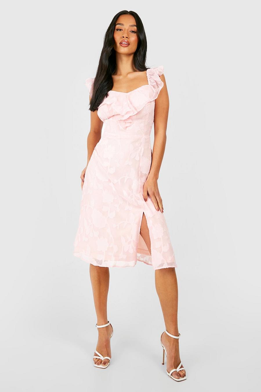 Blush pink Petite Floral Jacquard Ruffle Midi Dress image number 1