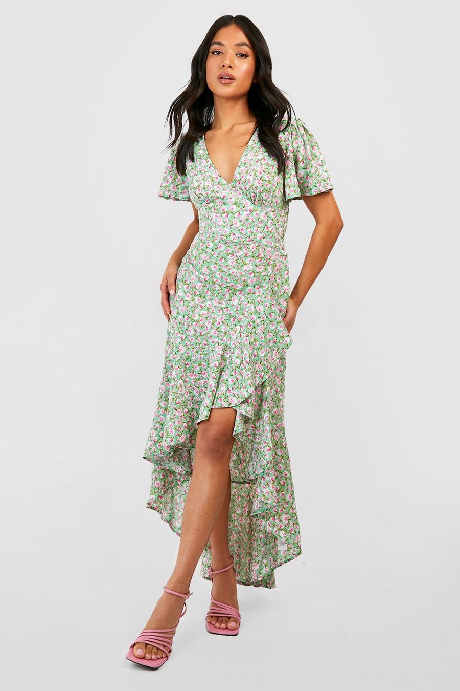 Green Petite Ditsy Floral Angel Sleeve Wrap Midi Dress image number 1