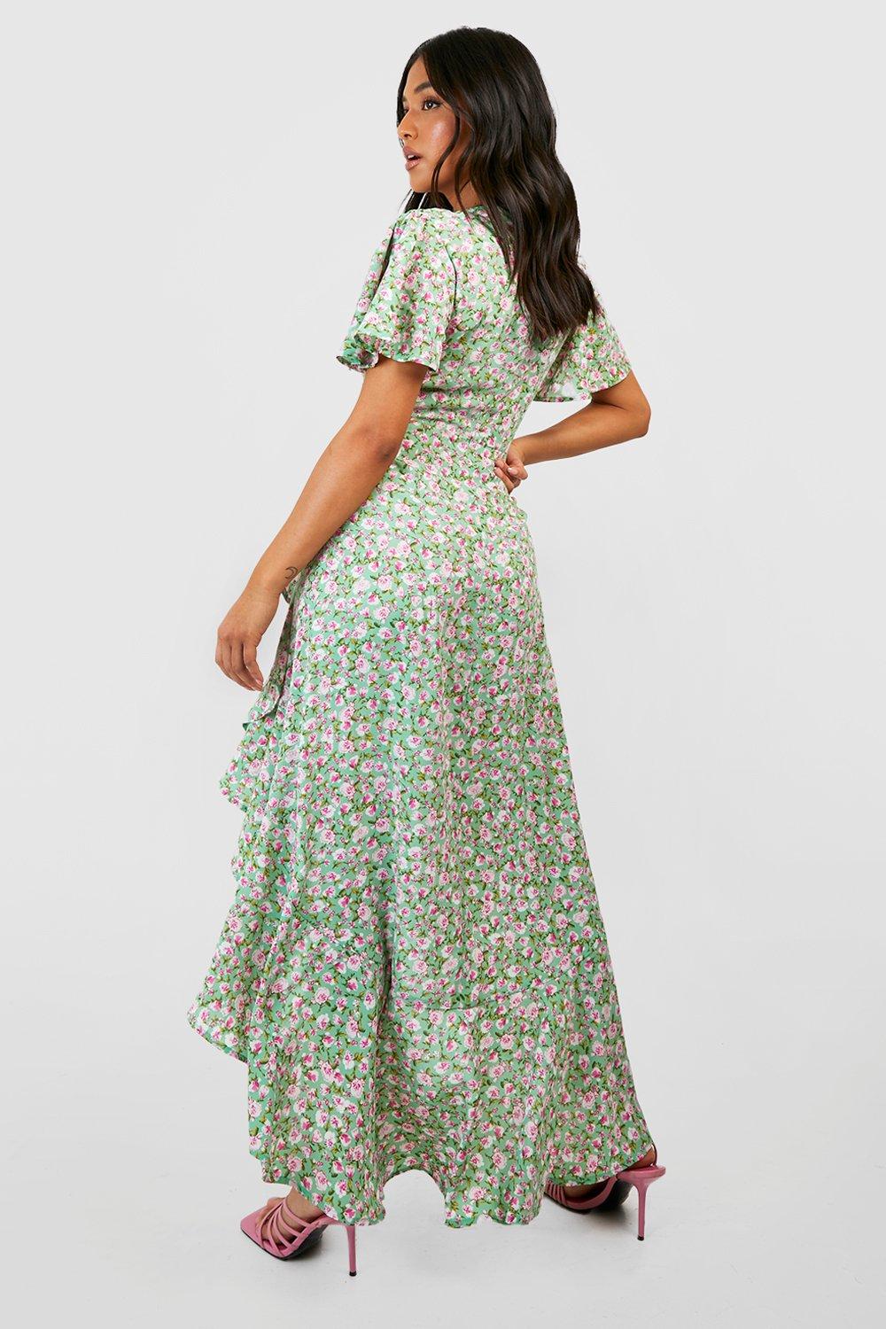 Petite Ditsy Floral Angel Sleeve Wrap Midi Dress | boohoo USA