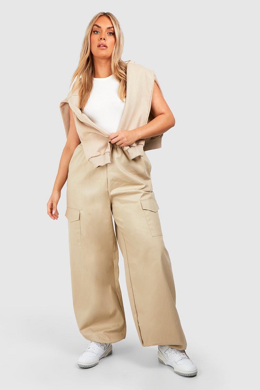 Beige Plus High Waisted Tie Cuff Cargo Joggers image number 1