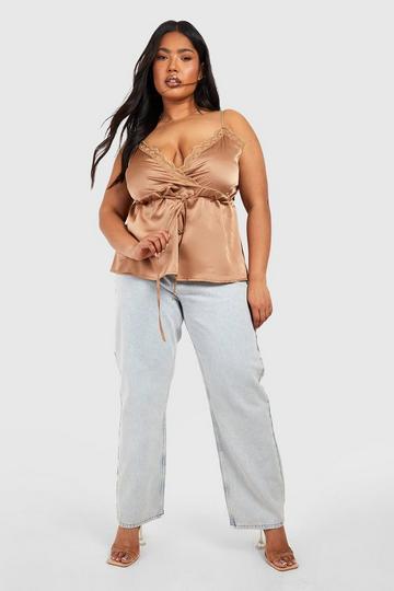 Plus Lace Trim Drawstring Satin Cami Top mocha