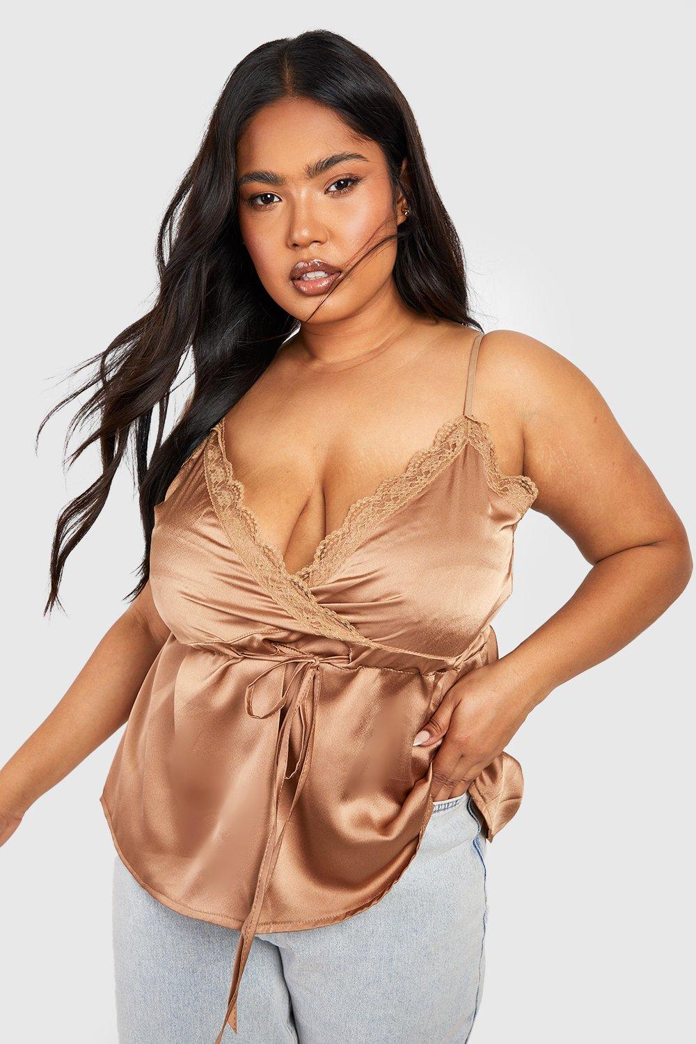 Place in Satin Lace Camisole Tank Top in Mocha