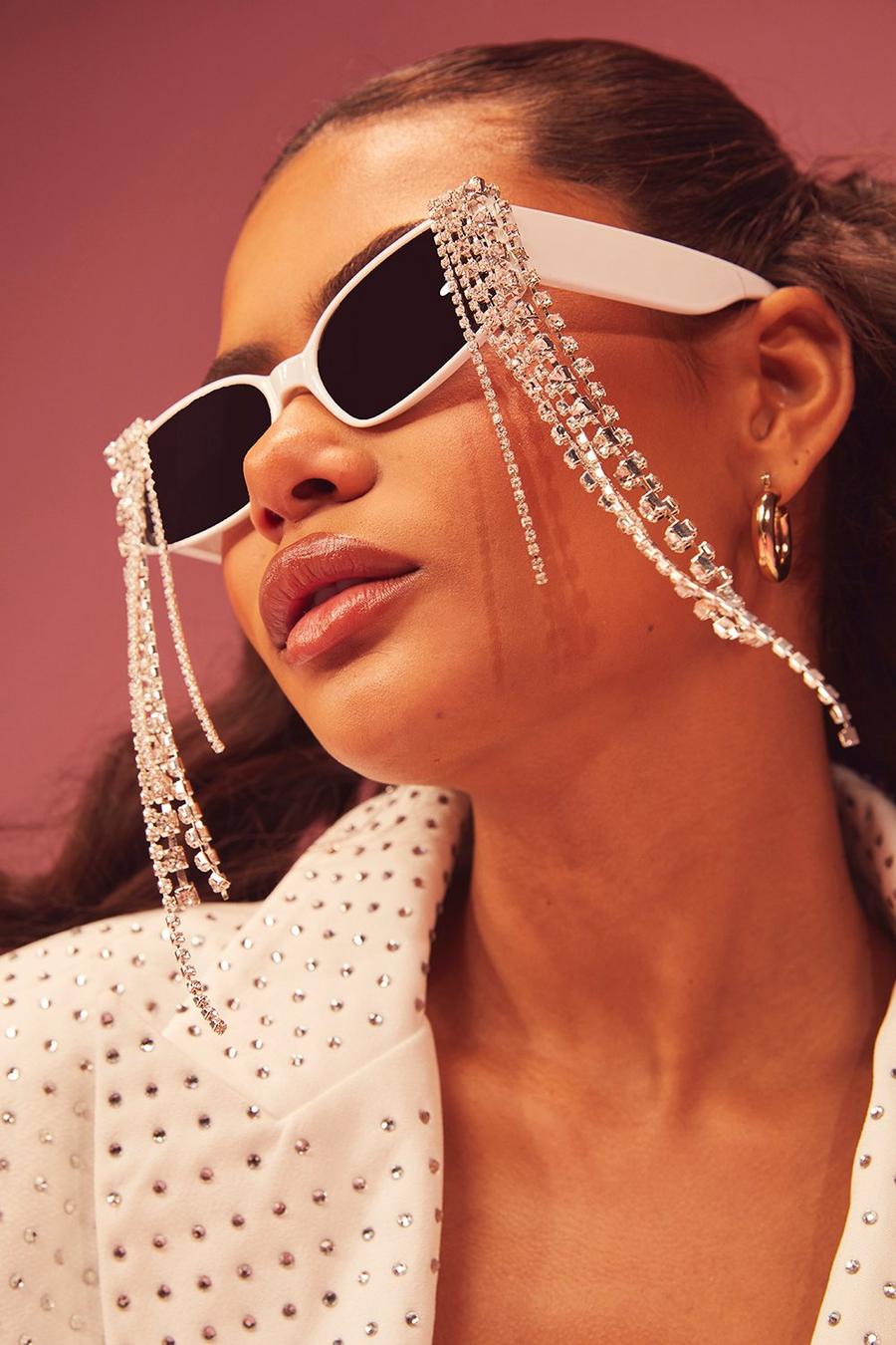 Crystal Droplet White Sqaure Sunglasses 