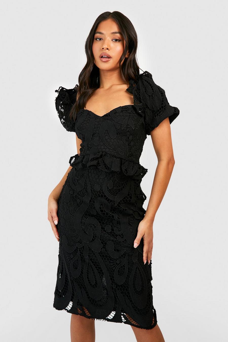 Black Petite Premium Lace Puff Sleeve Midi Dress image number 1