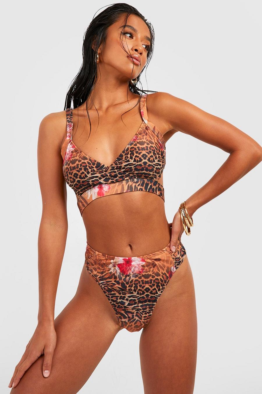 Natural Petite Tropische Luipaardprint Bikini Top