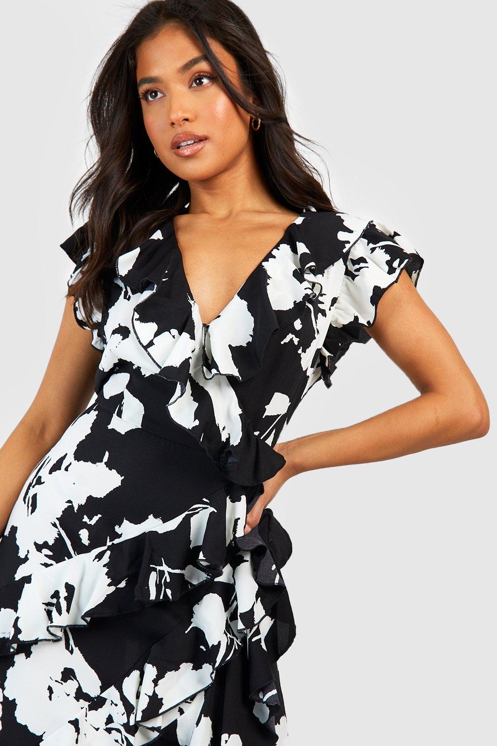 Petite Mono Floral Ruffle Maxi Dress | boohoo