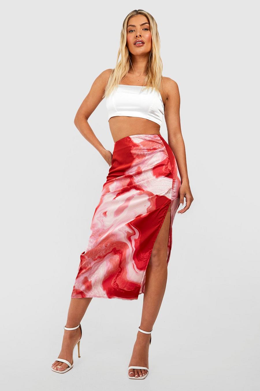 Pink Marble Print Split Satin Midi Skirt