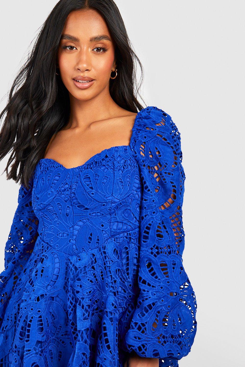 Boohoo blue lace dress sale