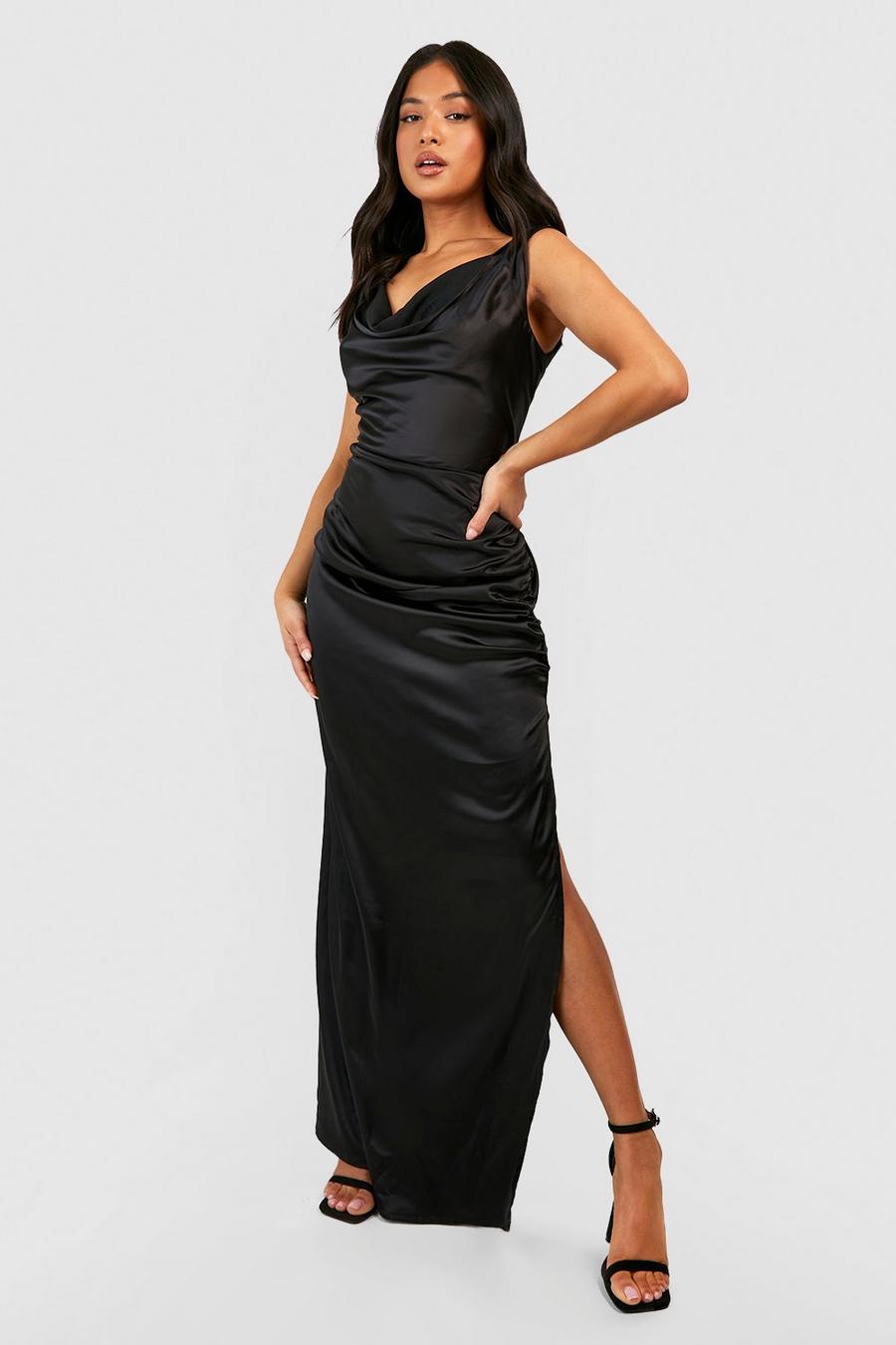 Black Petite Satin Cowl Front Bias Cut Maxi Dress image number 1