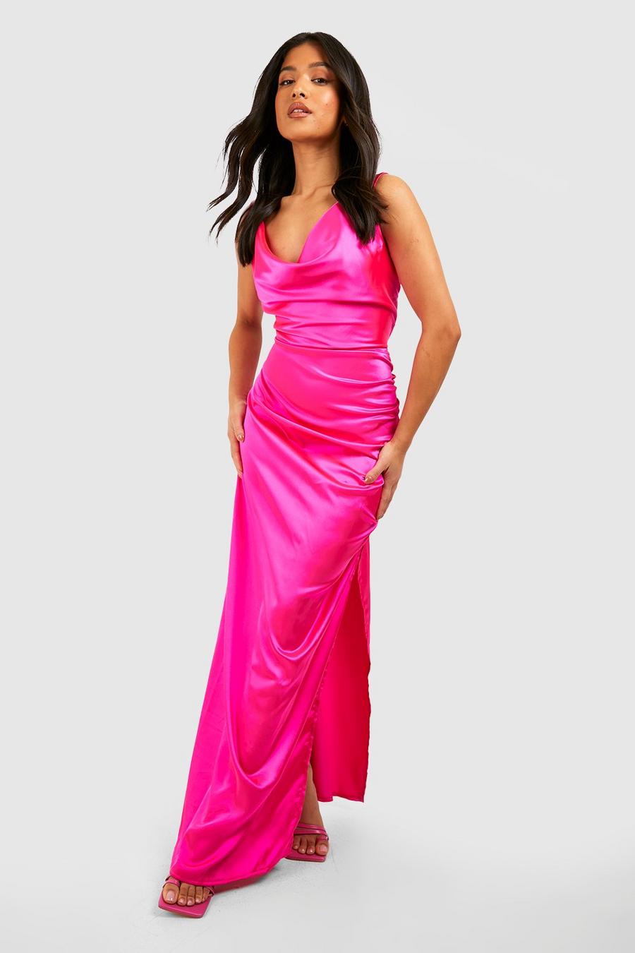 Hot pink rosa Petite Satin Cowl Front Bias Cut Maxi Dress image number 1