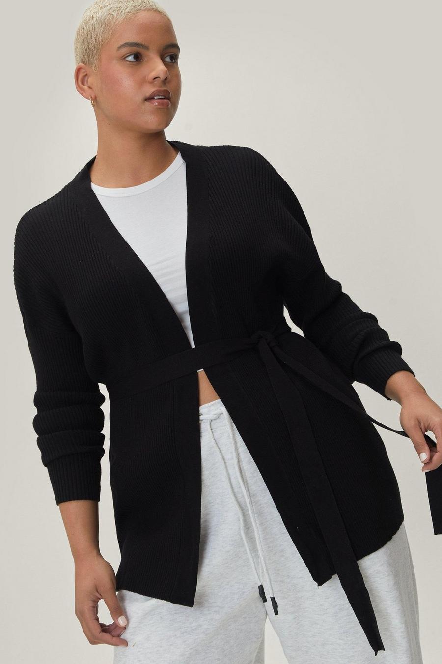 Black Plus Size Knitted Wrap Longline Cardigan image number 1