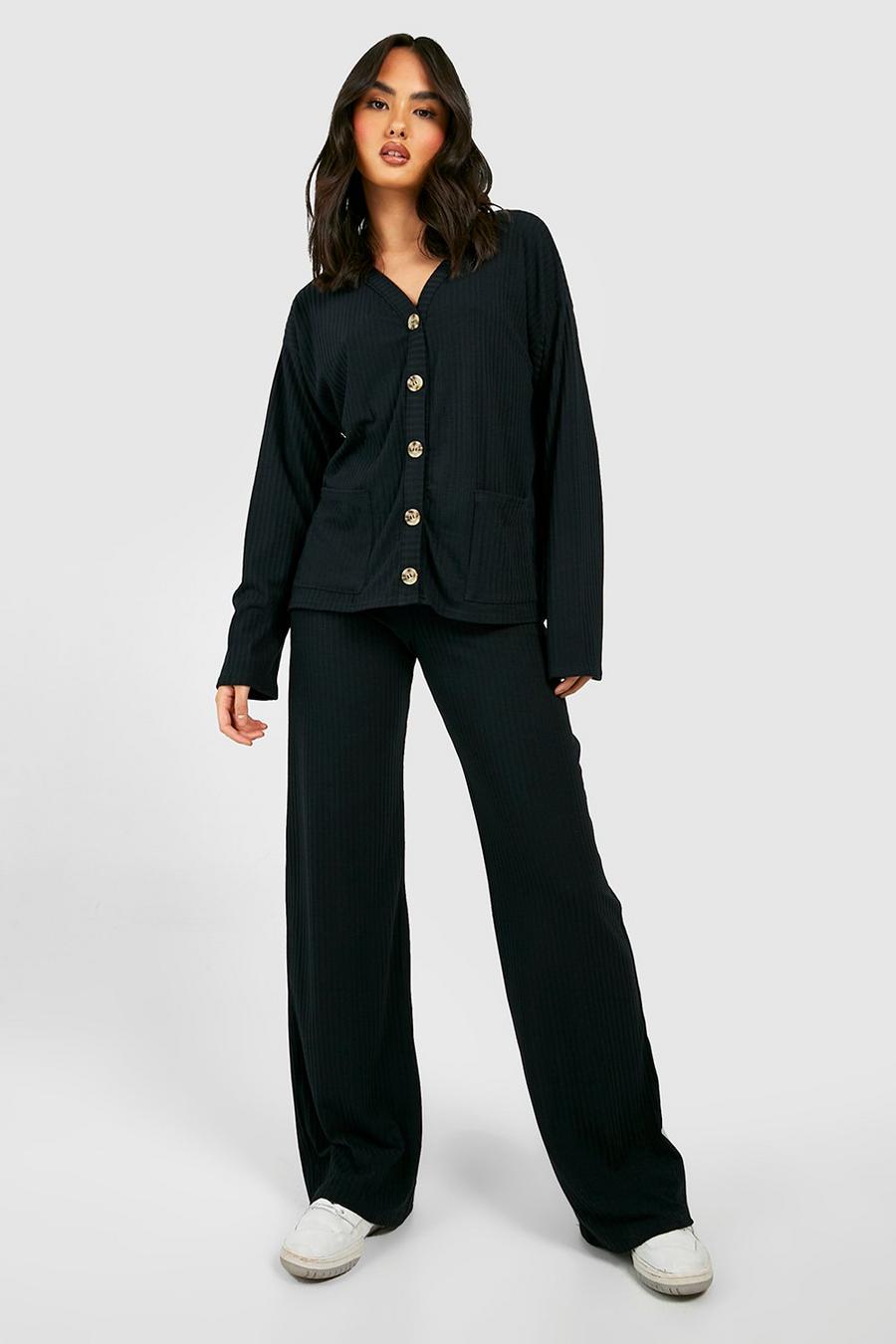 Black Rib Knit Buttoned Cardigan & Pants Two-Piece