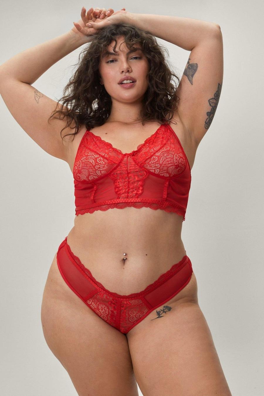 Red Plus Scallop Lace Bralette And Panties Set image number 1