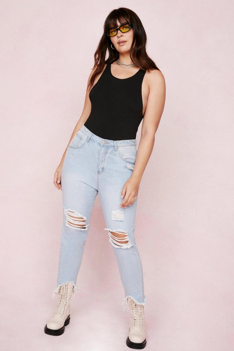 Light wash Plus Size Distressed Fitted Mom Jeans image number 1