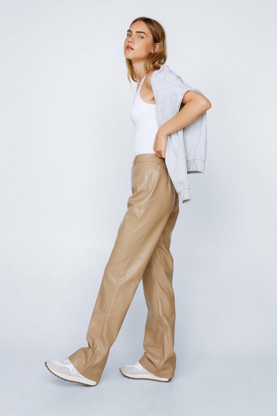 Taupe Faux Leather Tailored Straight Leg Pants image number 1