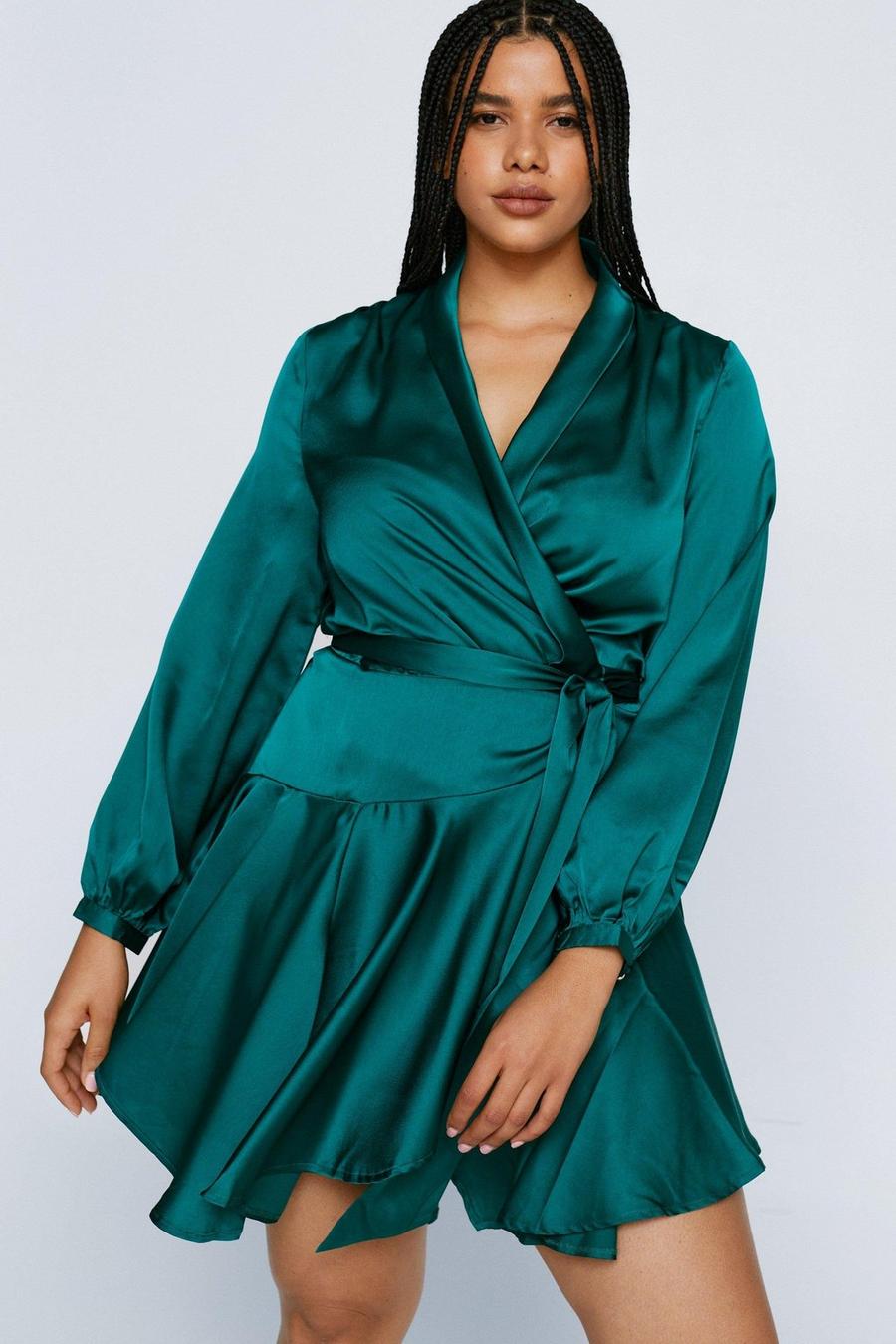 Green vert Plus Size Satin Wrap Mini Dress