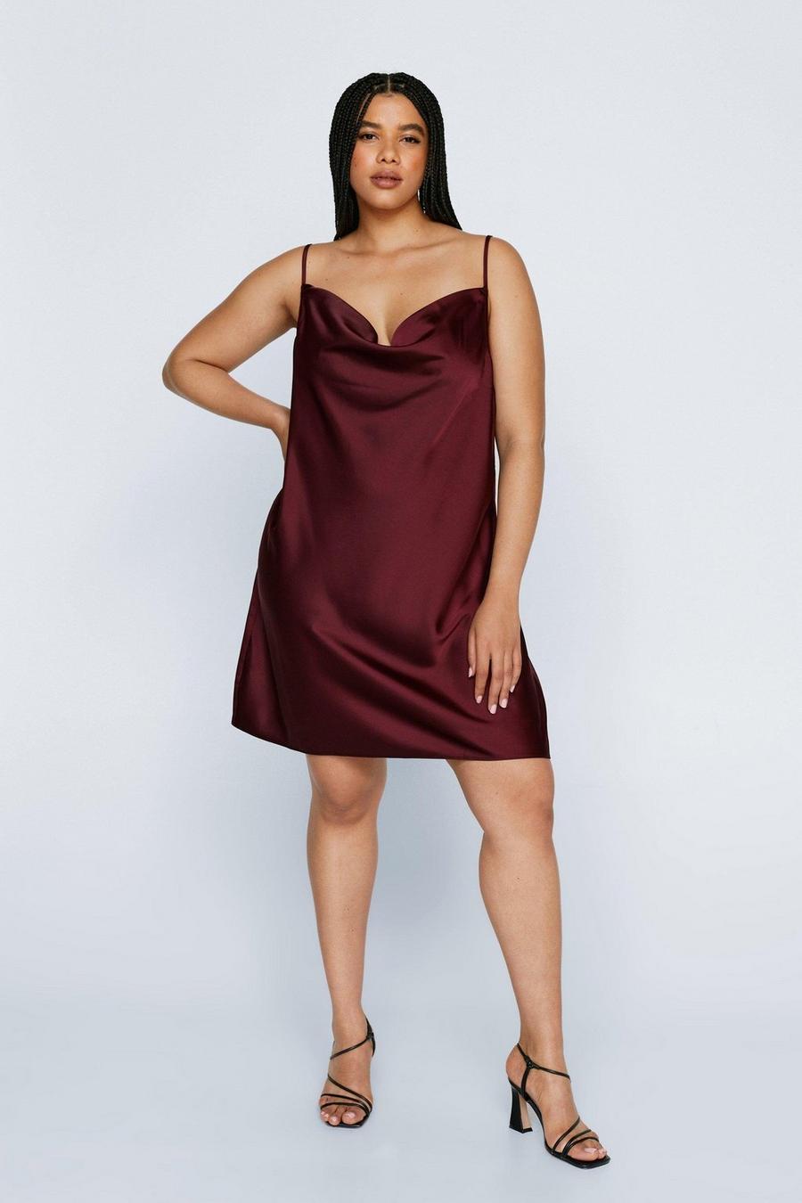 Chocolate brown Sought After Plus Satin Cowl Dress image number 1