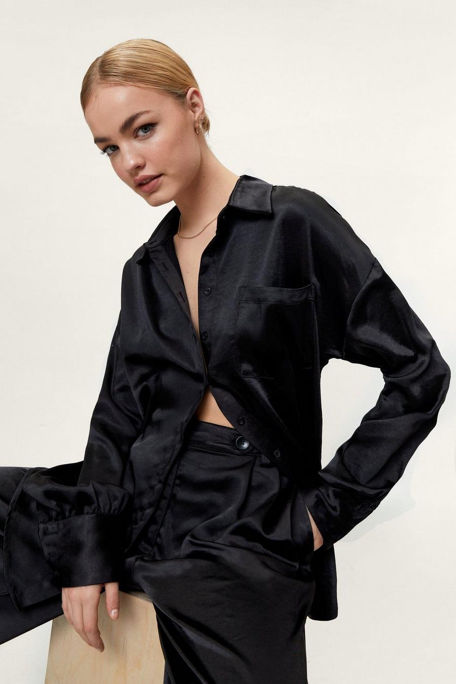 Black Satin Deep Cuff Oversized Shirt Co Ord image number 1