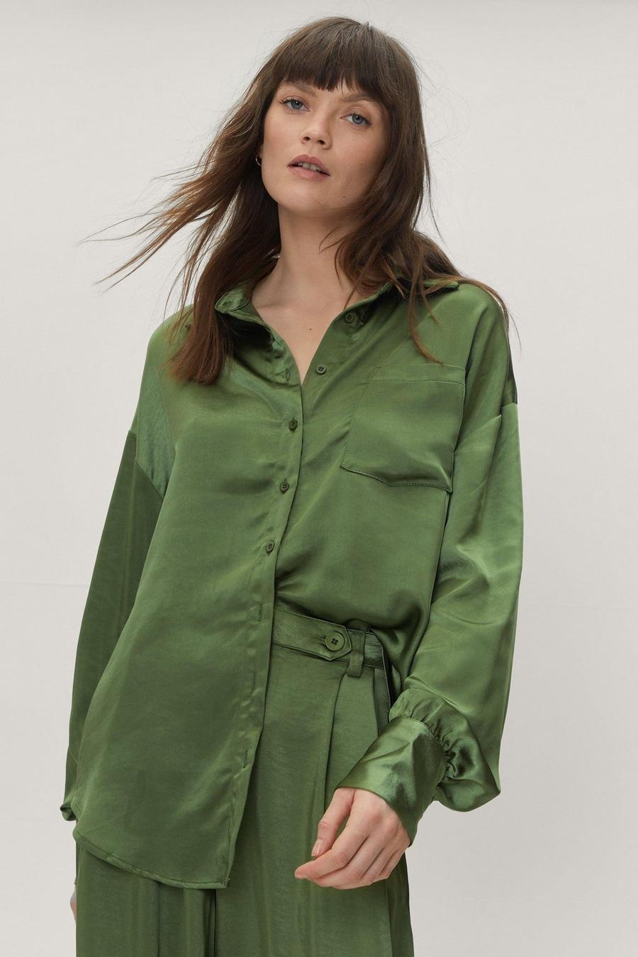 Green Satin Deep Cuff Oversized Shirt Co Ord image number 1