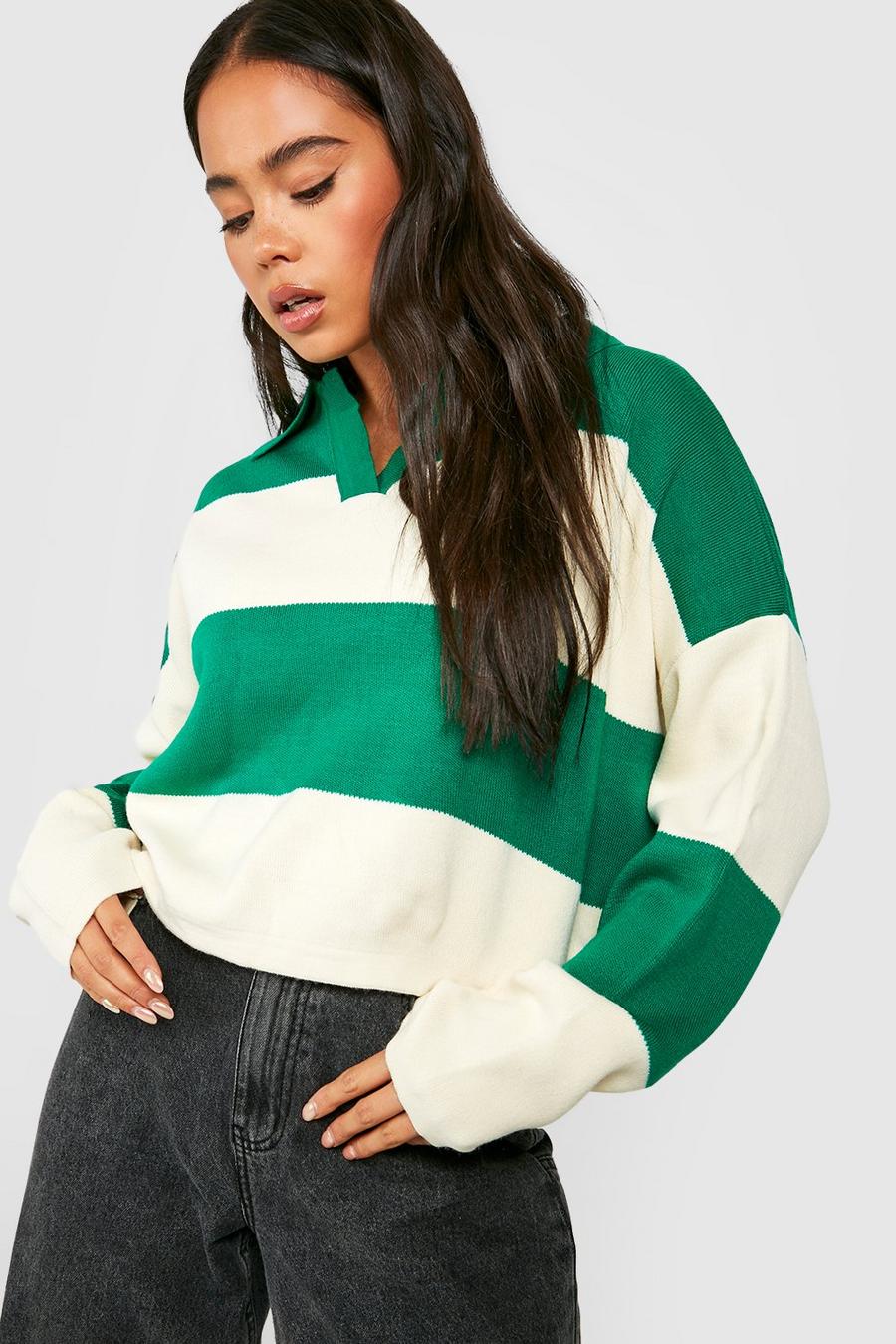 Green Petite Striped Collar Sweater
