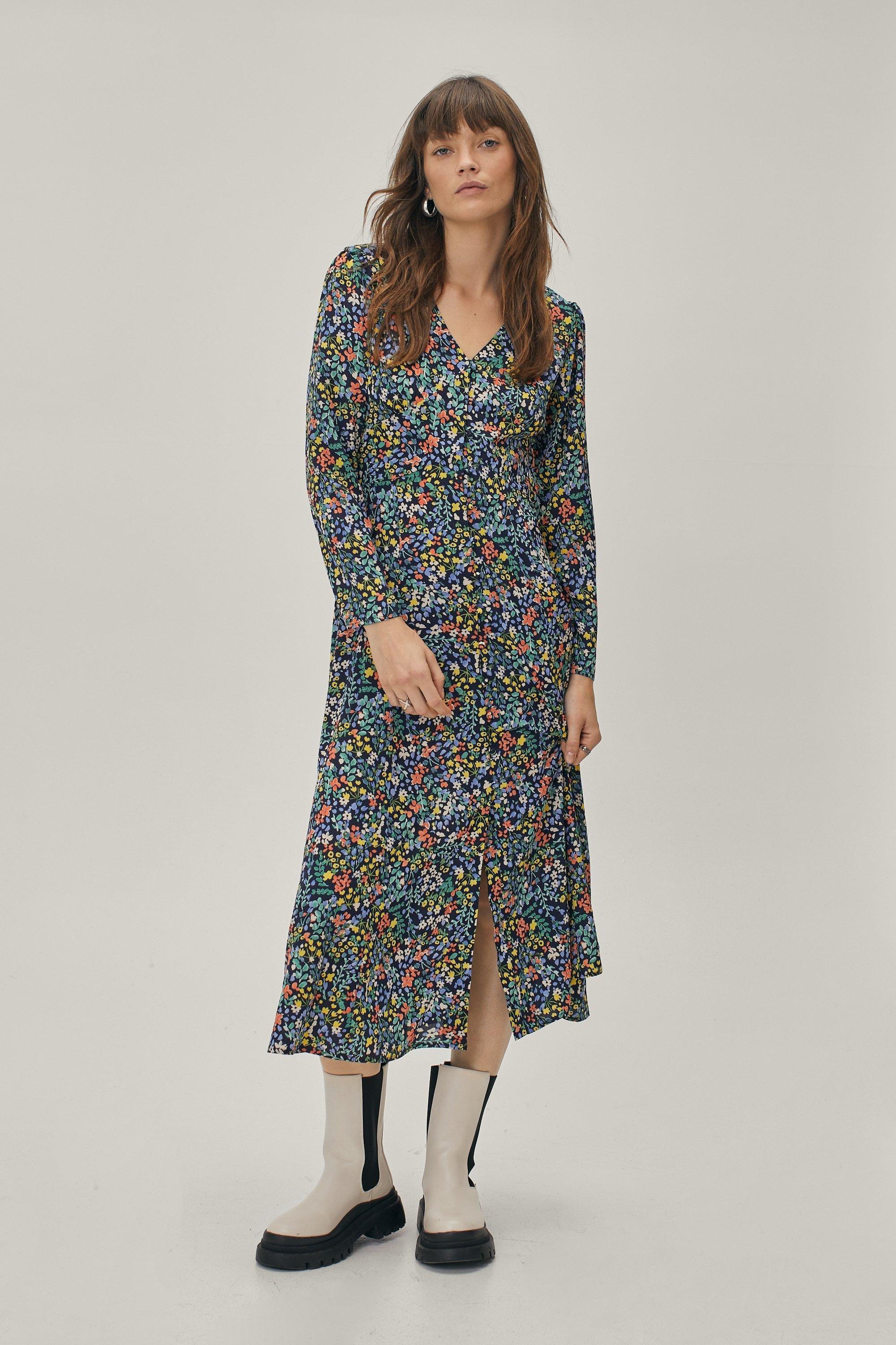 Floral Print Button Down Midi Tea Dress boohoo IE