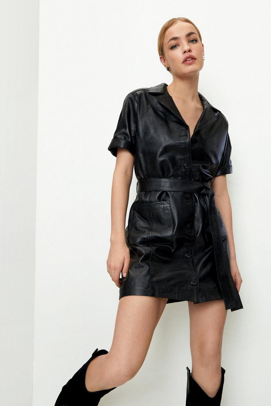 Real Leather Belted Button Down Mini Dress image number 1