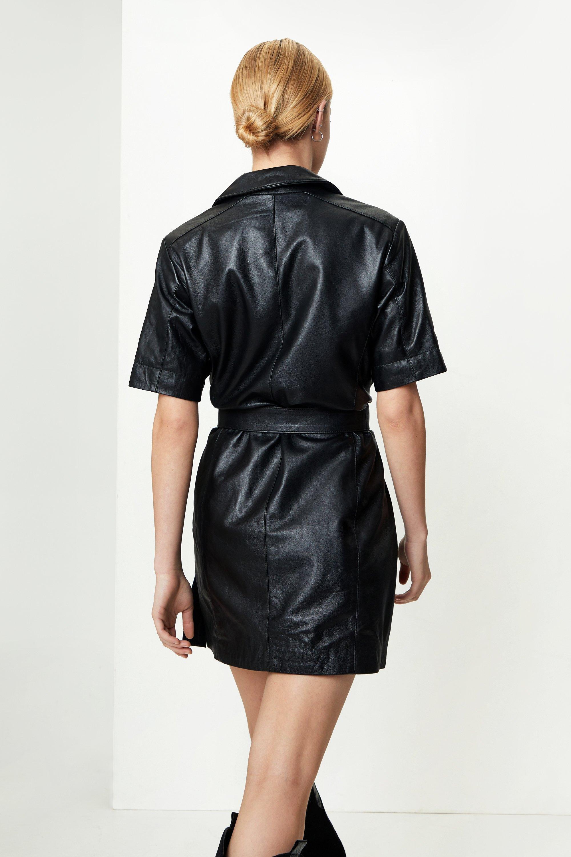 Women s Real Leather Belted Button Down Mini Dress Boohoo UK