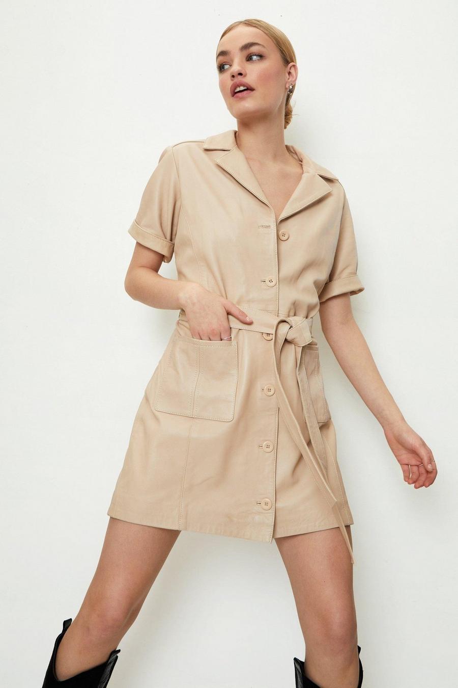 Ecru Real Leather Belted Button Down Mini Dress image number 1