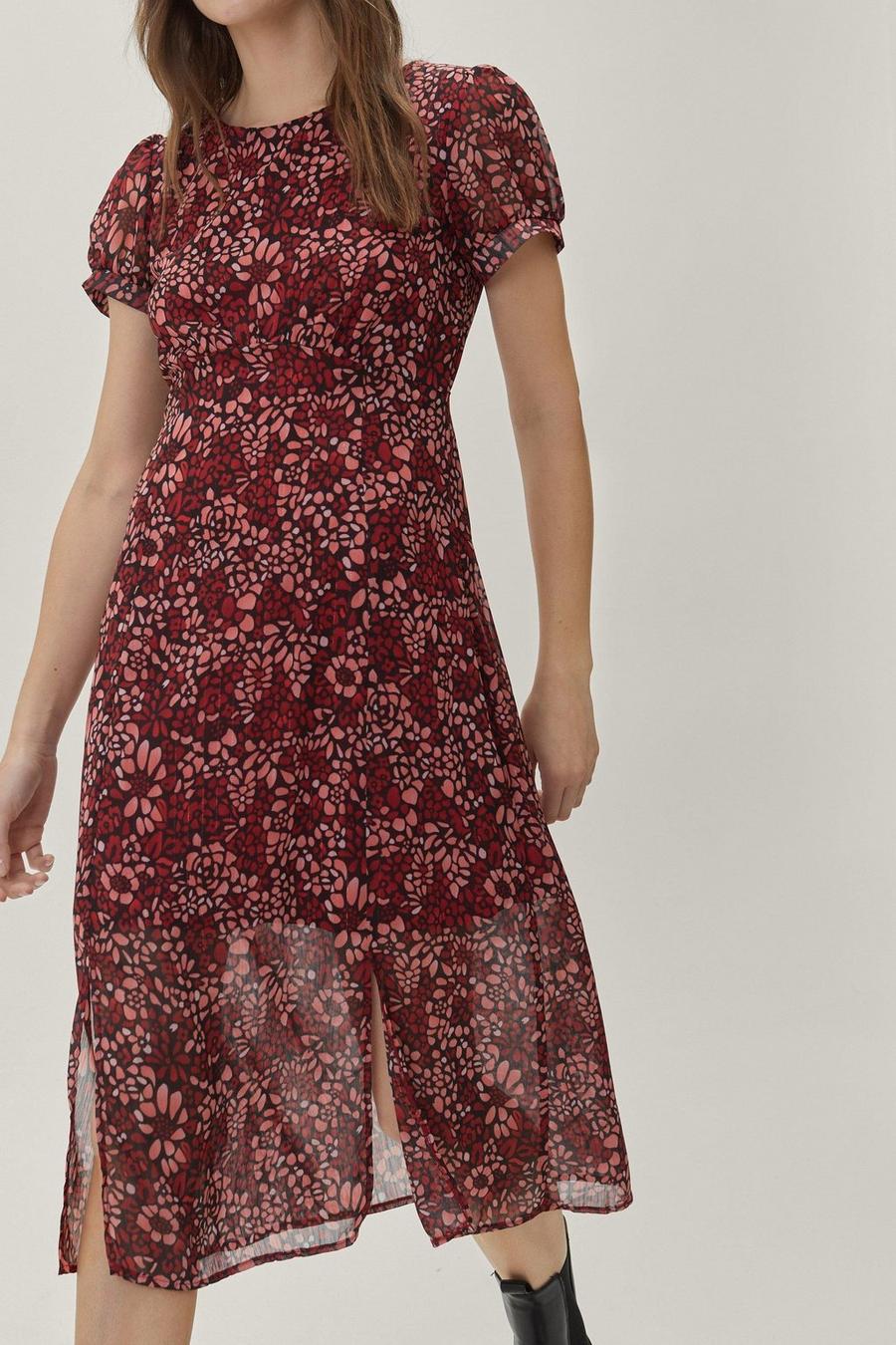 Multi mehrfarbig Floral Short Sleeve Midi Tea Dress