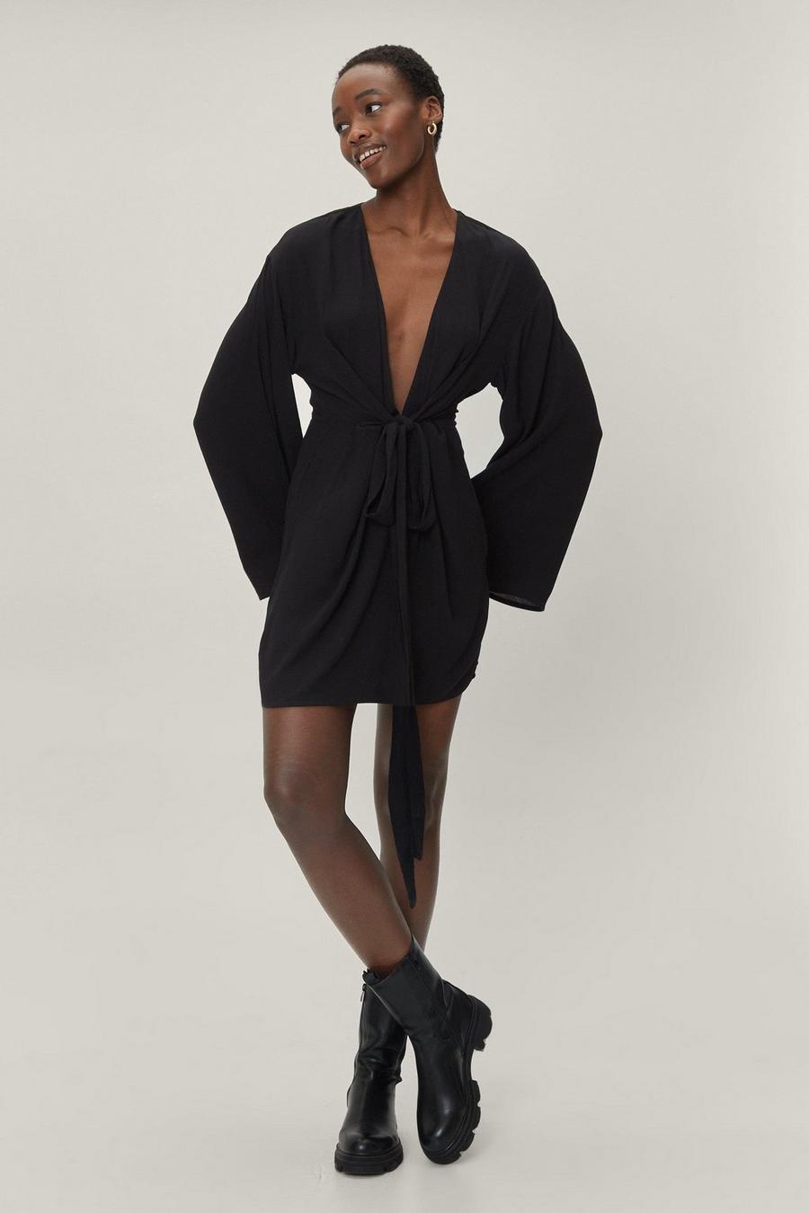Black negro Kimono Sleeve Plunge Tie Front Mini Dress