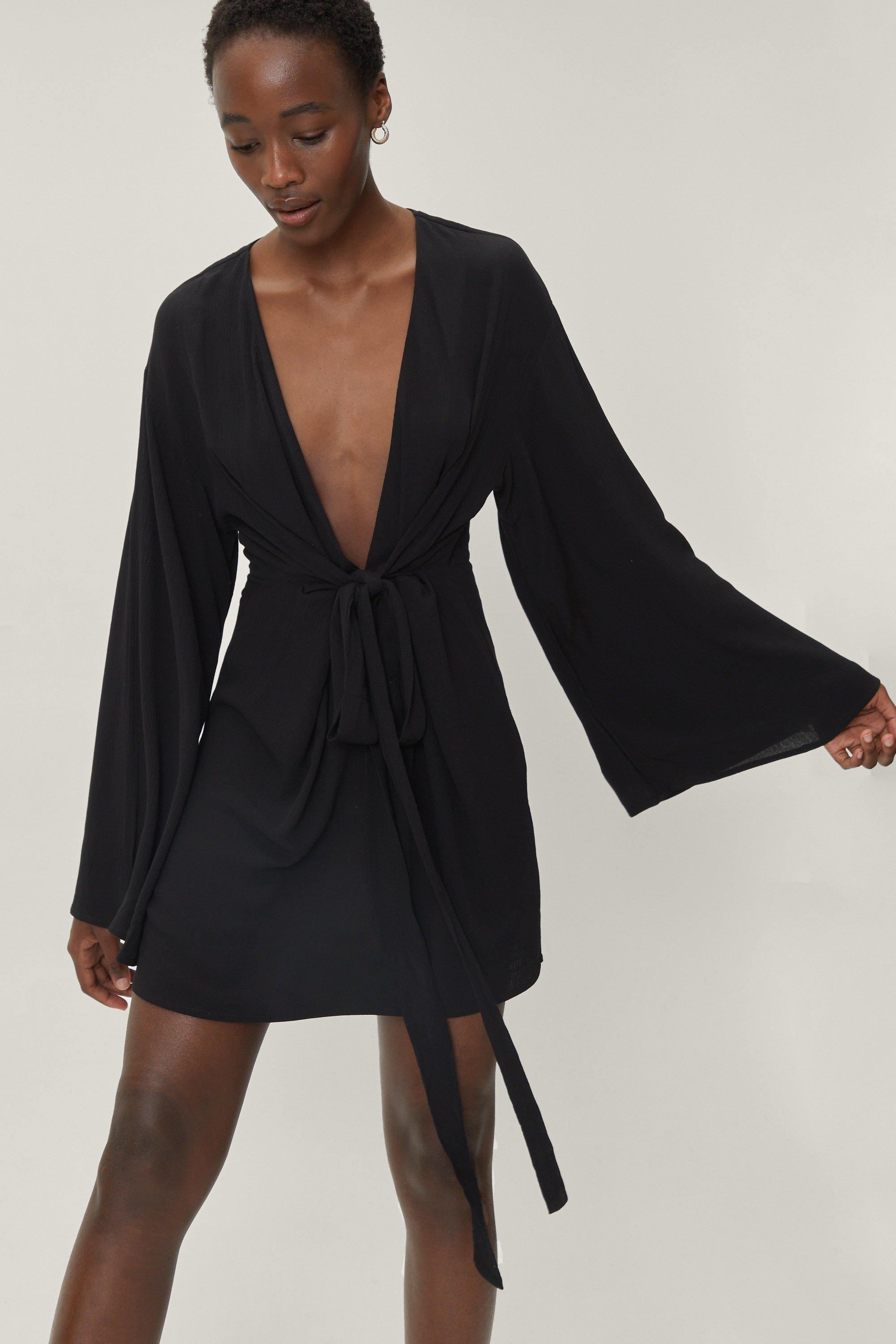 Kimono Sleeve Plunge Tie Front Mini Dress boohoo NZ