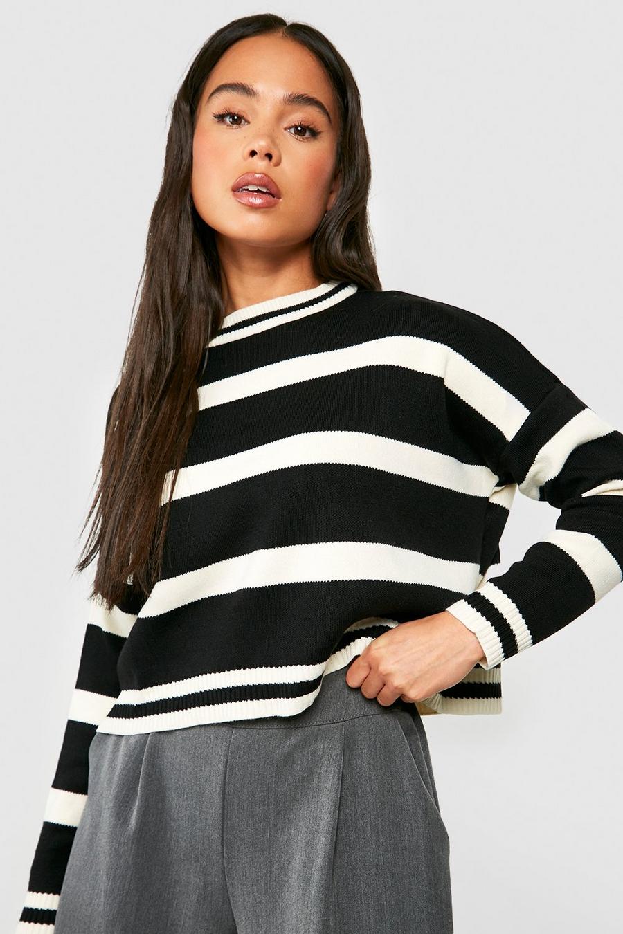 Black Petite Striped Boxy Sweater image number 1