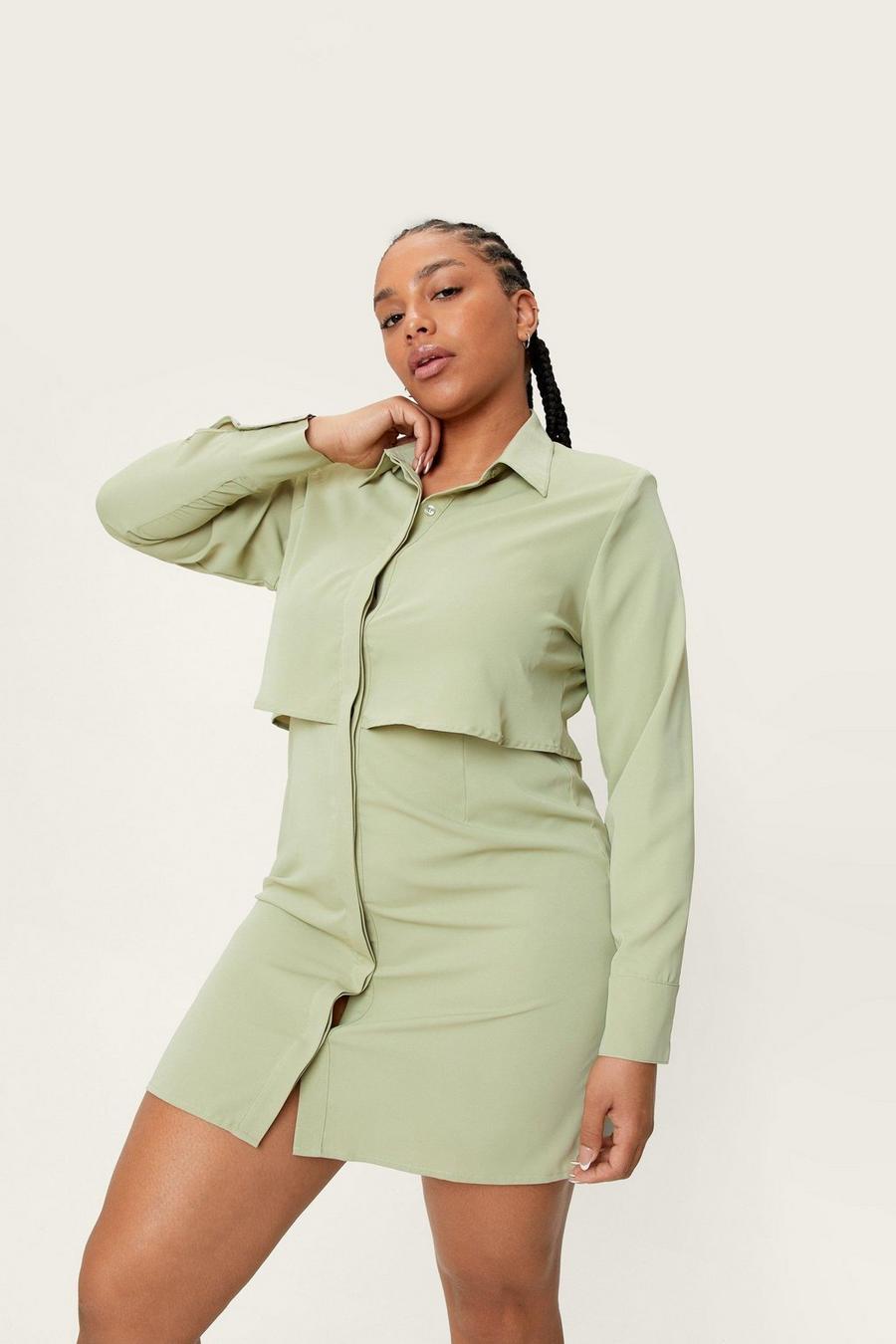 Green Plus Size Button Down Midi Shirt Dress image number 1