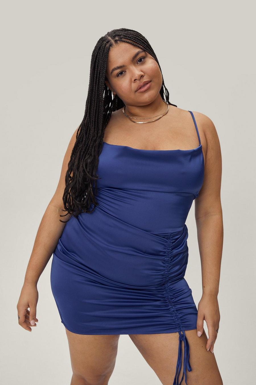 Navy Plus Size Ruched Satin Mini Dress image number 1