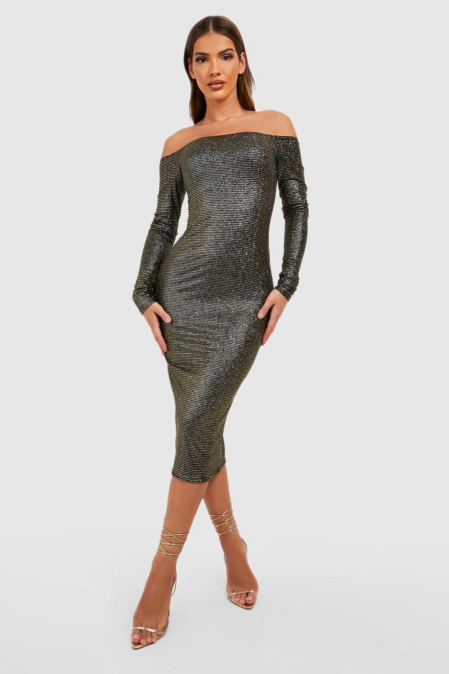 Black Shimmer Glitter Off The Shoulder Midi Dress