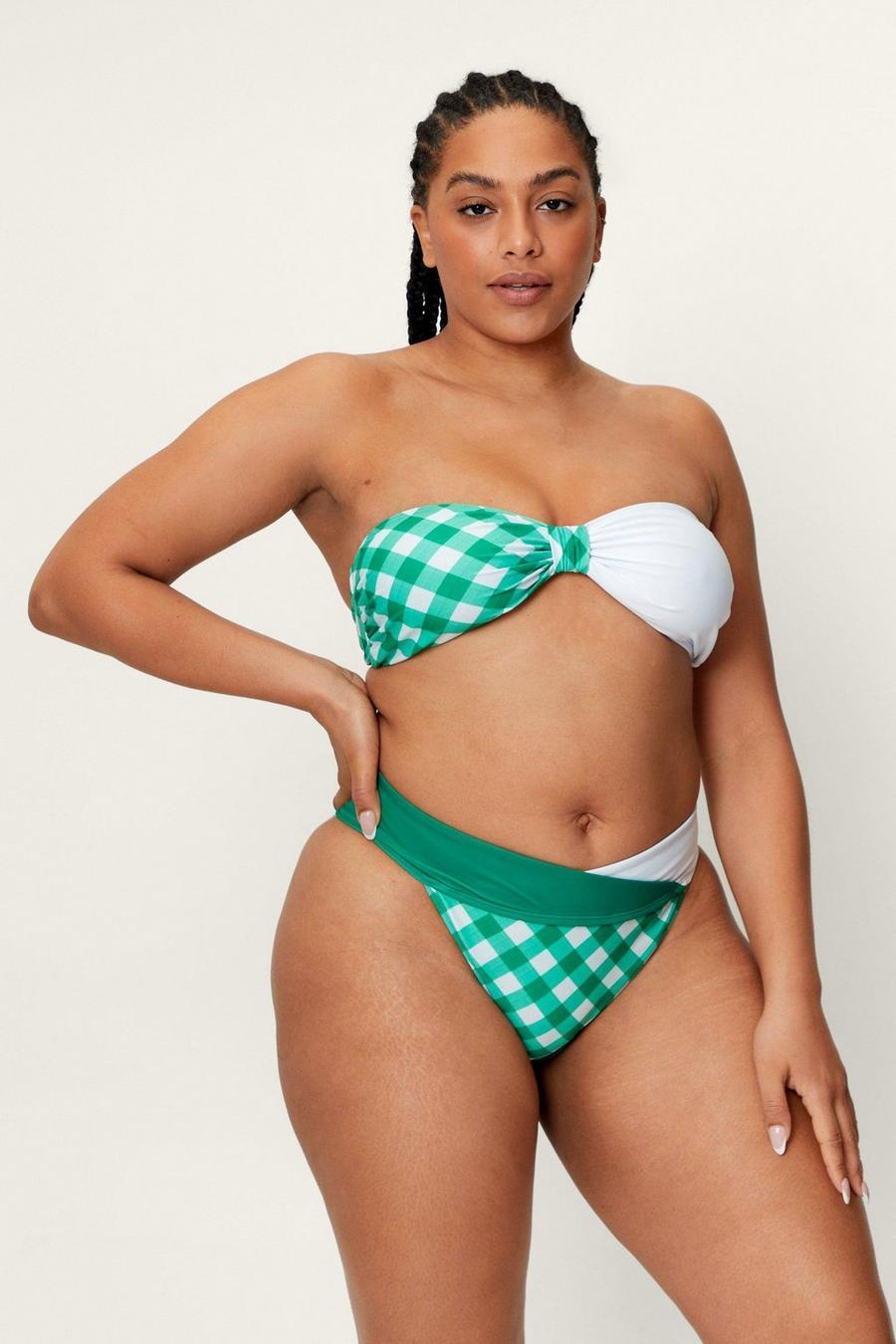 Green Plus Size Check Colorblock Bikini Set image number 1