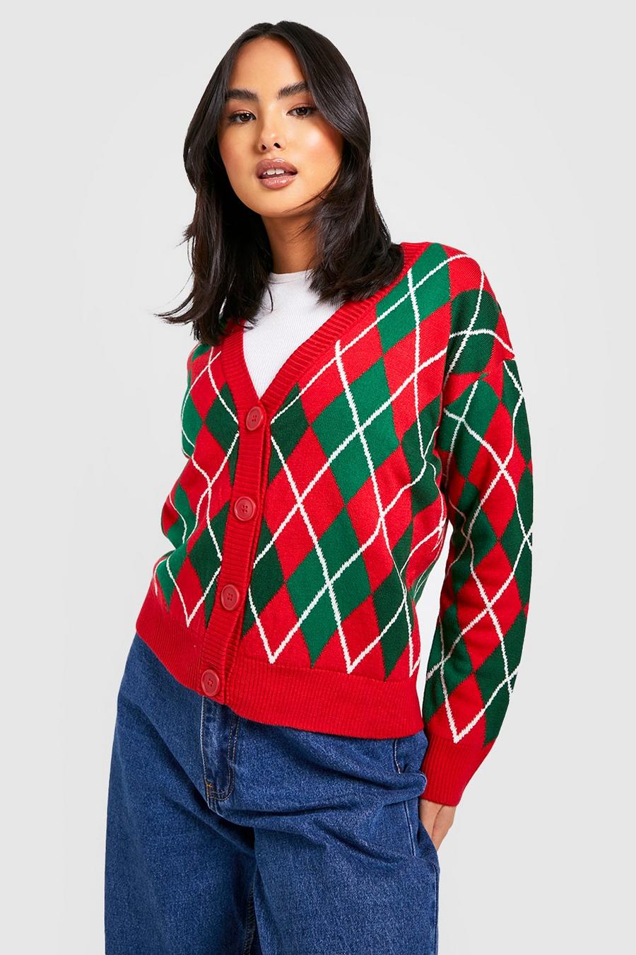 Red Argyle Check Christmas Cardigan image number 1