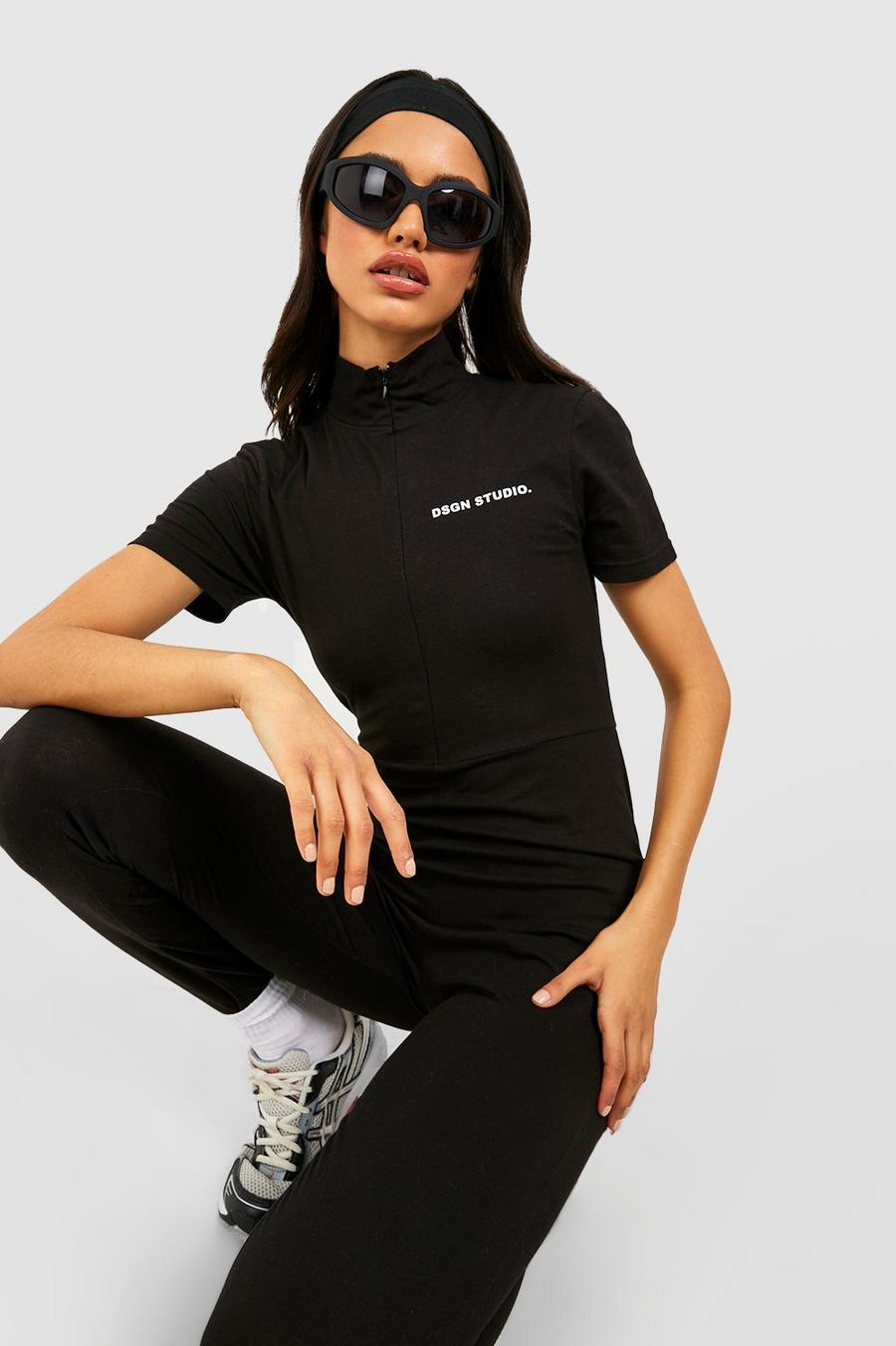 Black svart Slogan Detail Zip Front Short Sleeve Jumpsuit 