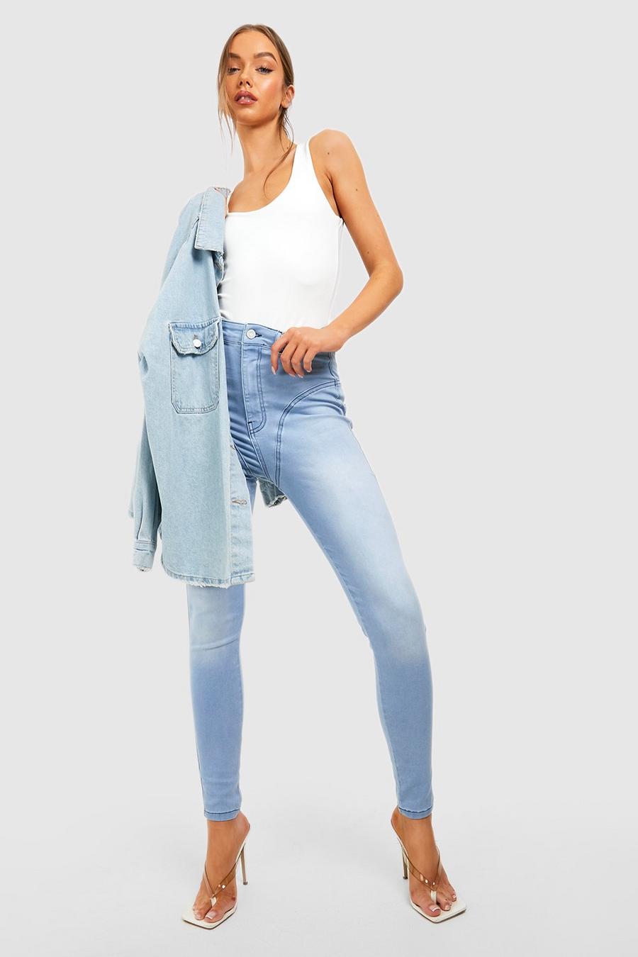 Jeans Skinny Fit a vita alta modellanti con cuciture, Light wash azzurro image number 1