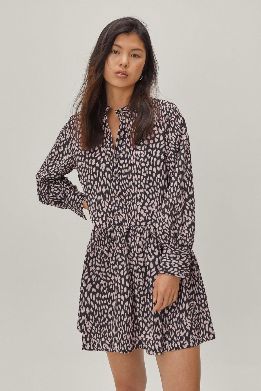 Leopard Print Mini Smock Shirt Dress image number 1
